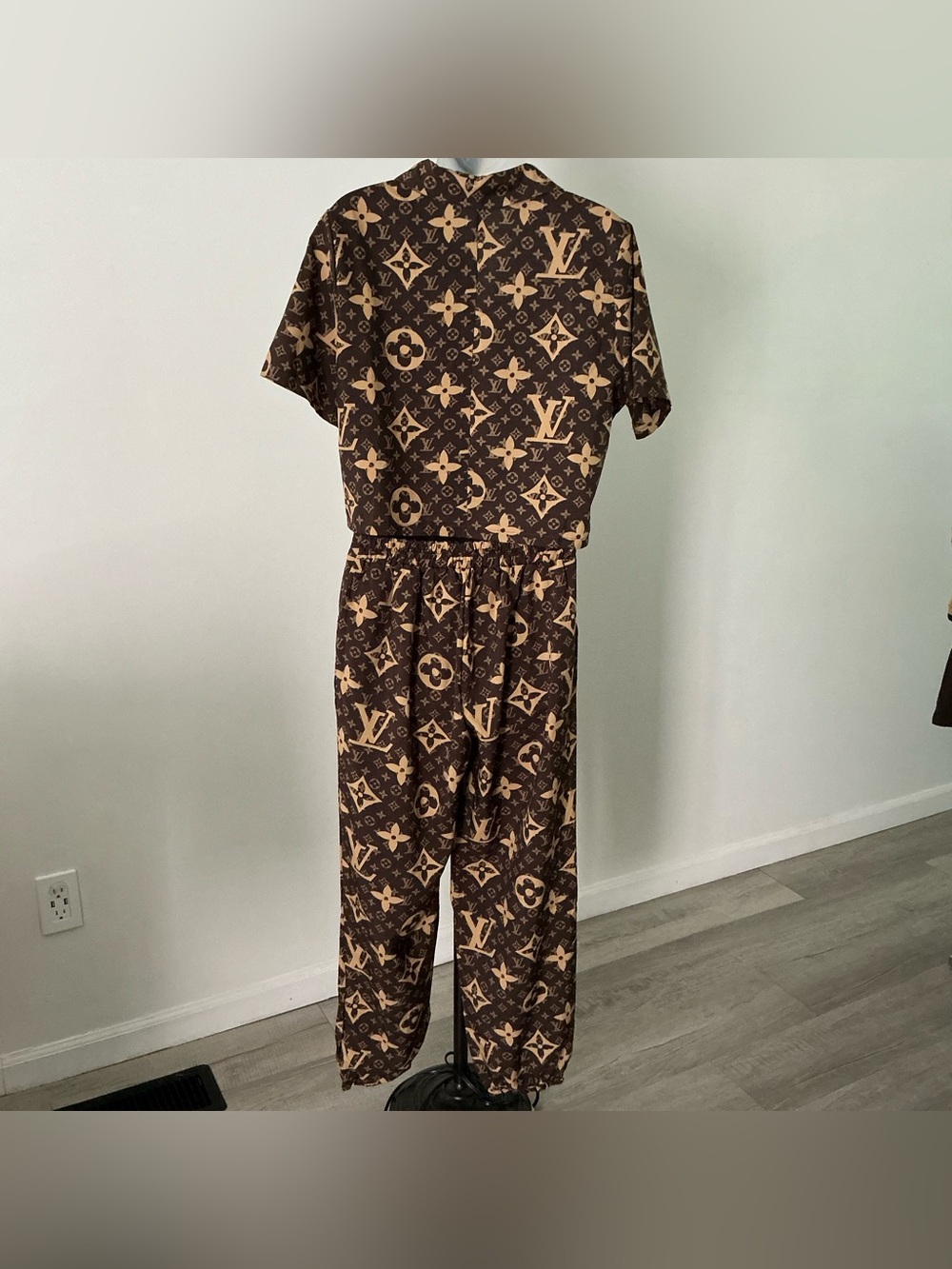 Women’s Brown Monogram Print Two-Piece Set – Small – Button-Down Shirt & Pants - Picture 2 of 6